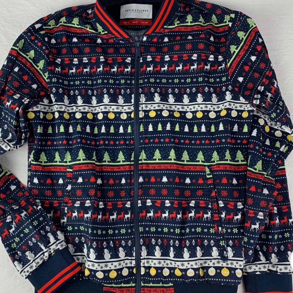 Denim & Flower Festive Zip-Up Sweater - Navy, Red, Green